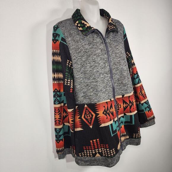 Fashion Express Womens Zip Jacket Medium Gray Orange Turquoise Aztec Southwest - Picture 4 of 9